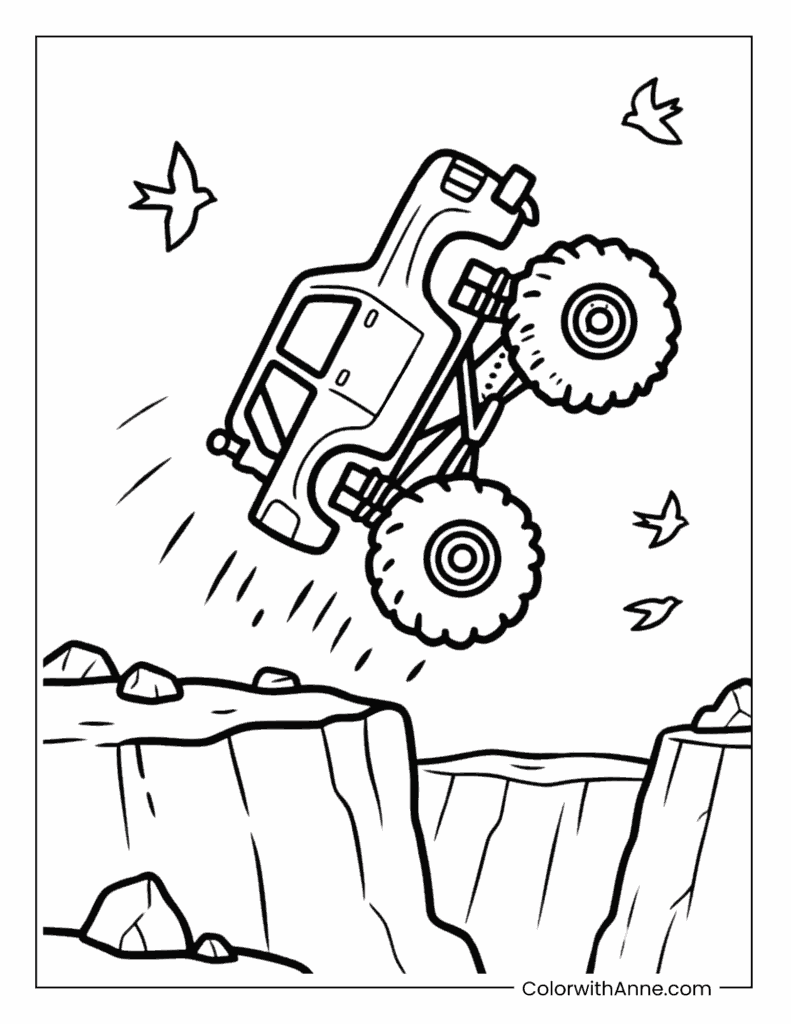 Monster Truck Doing a Backflip Over a Canyon Coloring Page