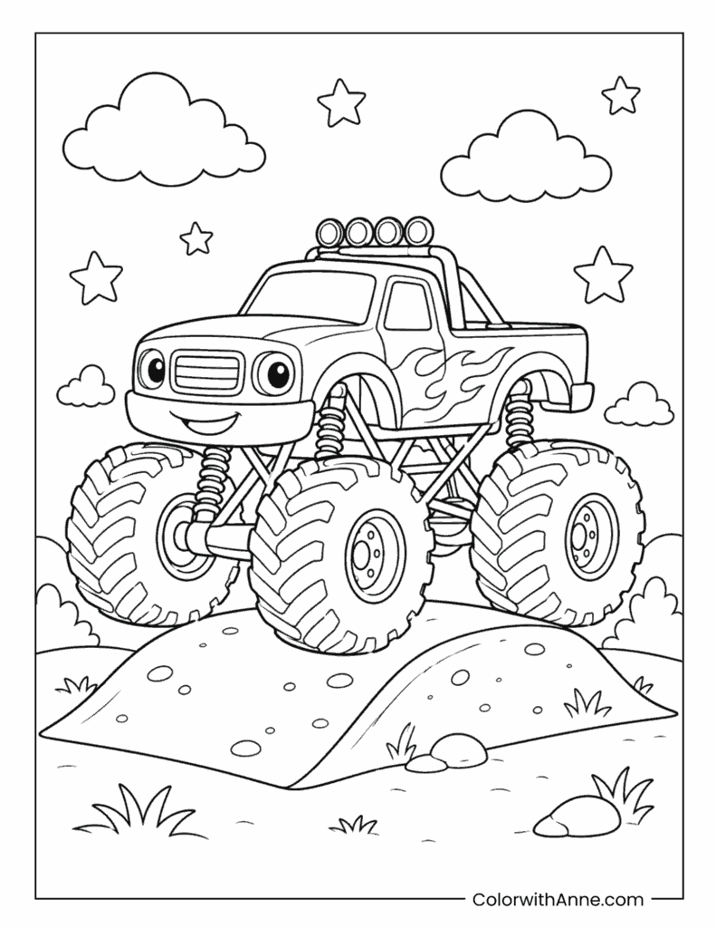 Monster Truck Jumping Over Dirt Hill Coloring Page