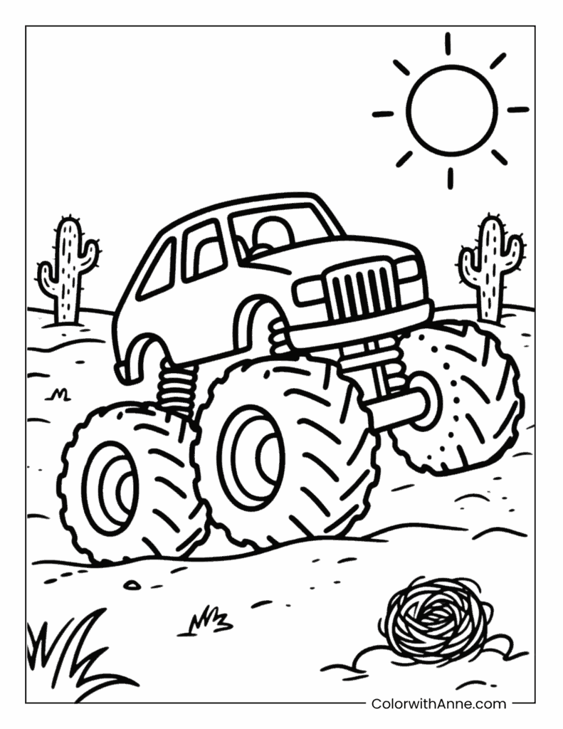 Monster Truck Madness in Desert Terrain Coloring Page