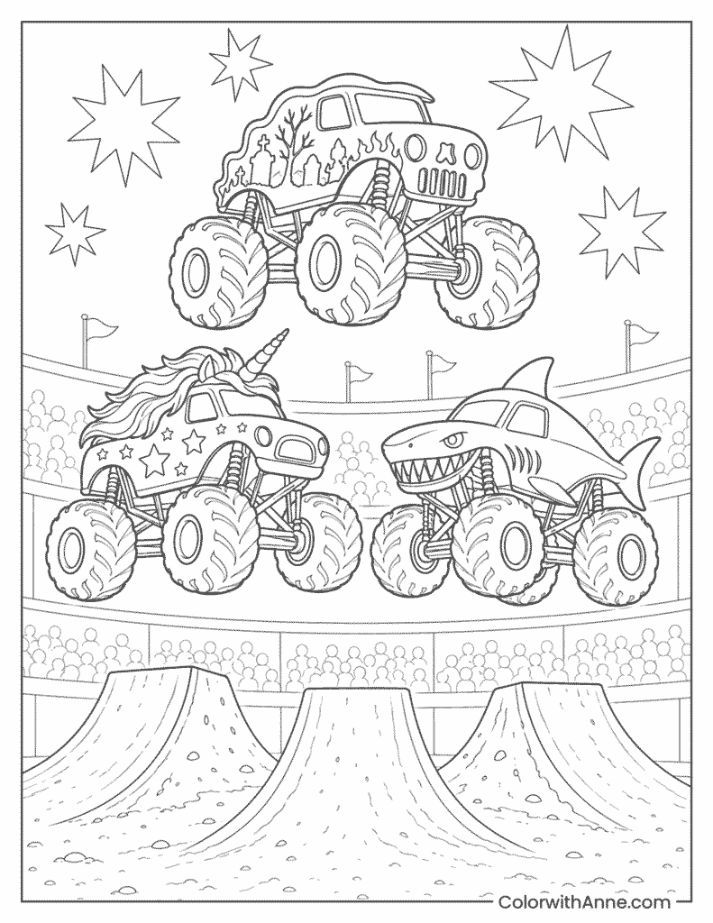 Monster Truck Trio Takes Flight Coloring Page