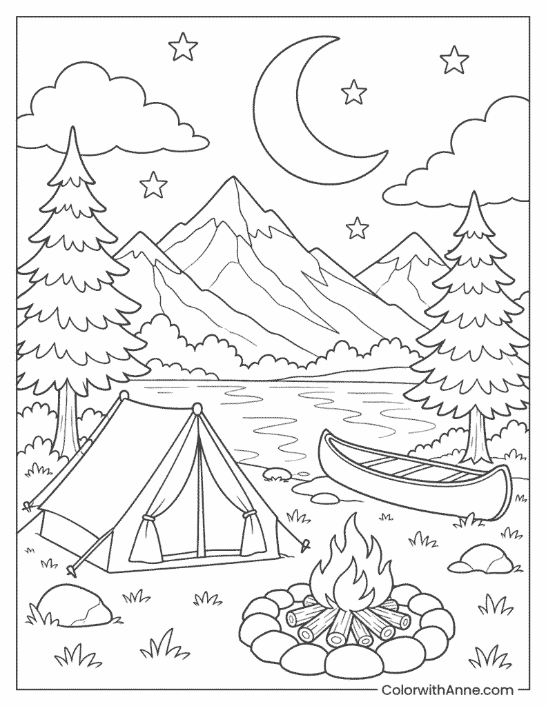 Moonlit Camping Landscape Coloring Page