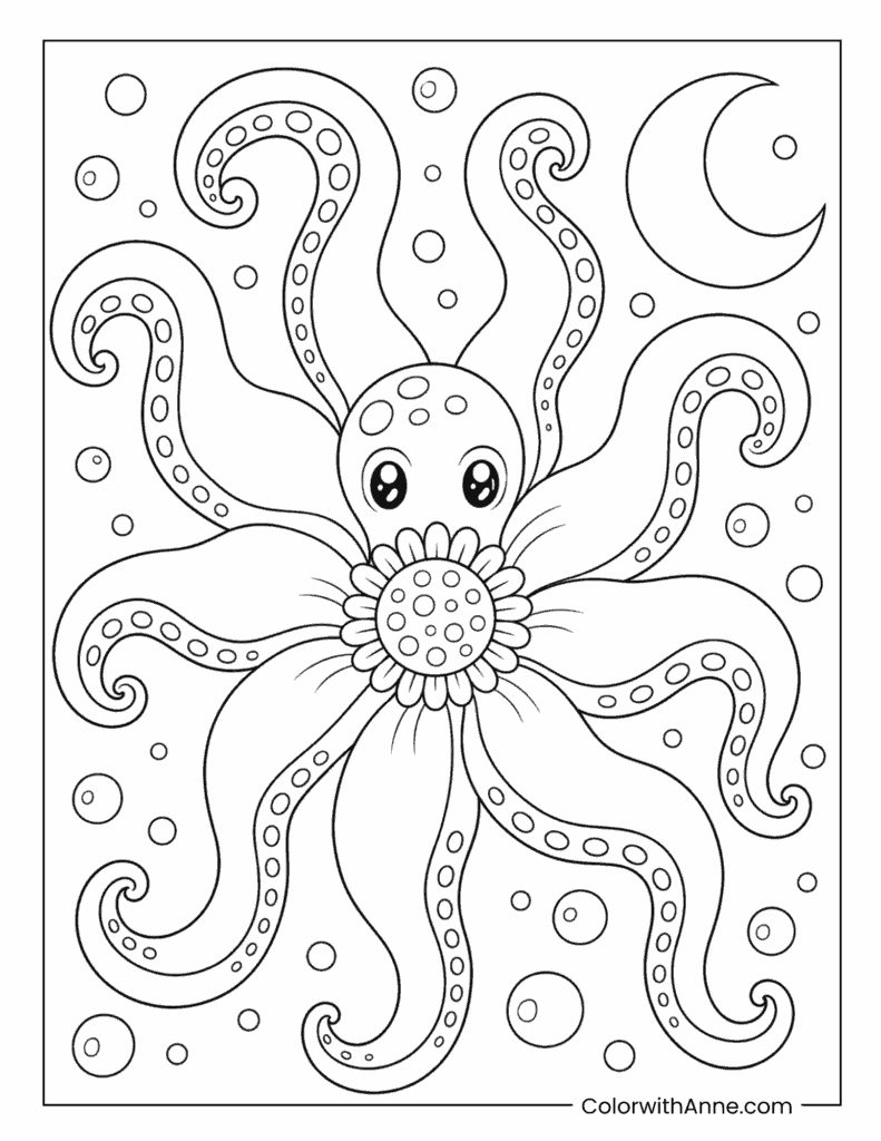 Moonlit Floral Octopus Underwater Trippy Coloring Page