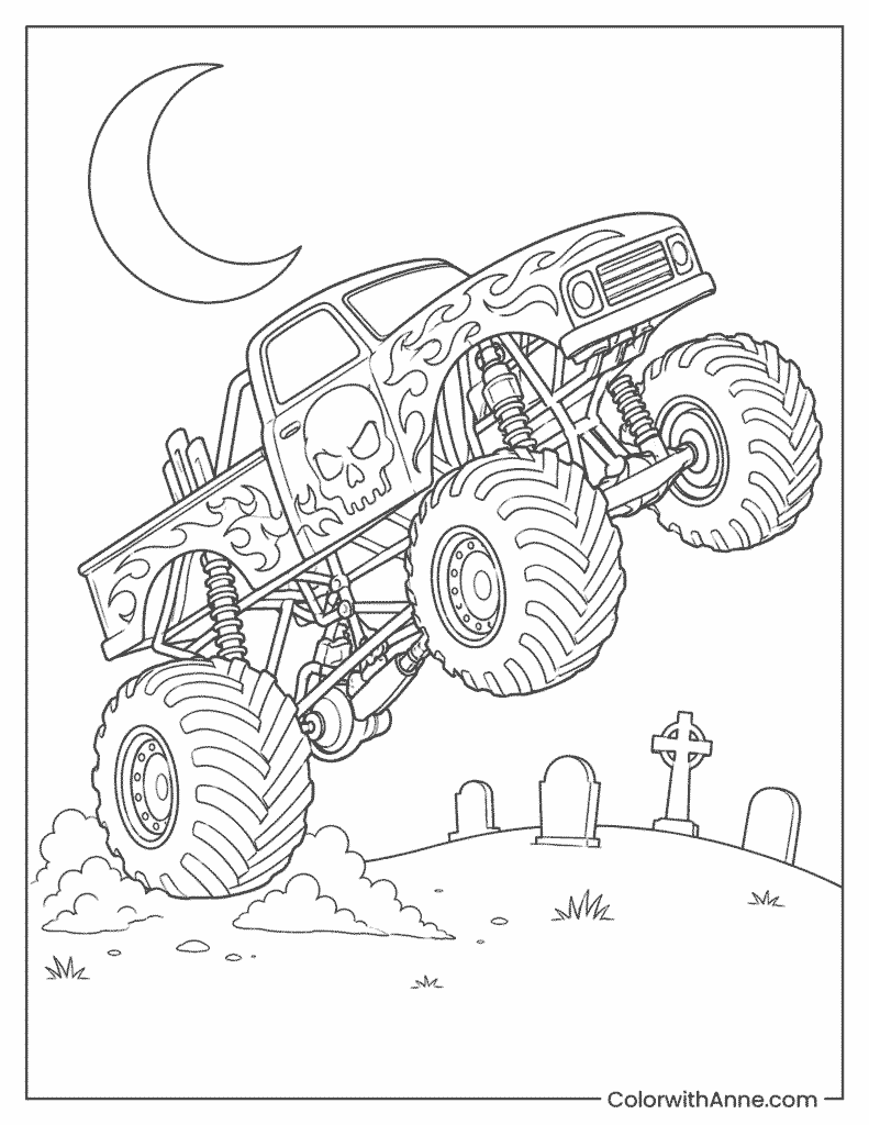 Moonlit Graveyard Monster Truck Wheelie Coloring Page