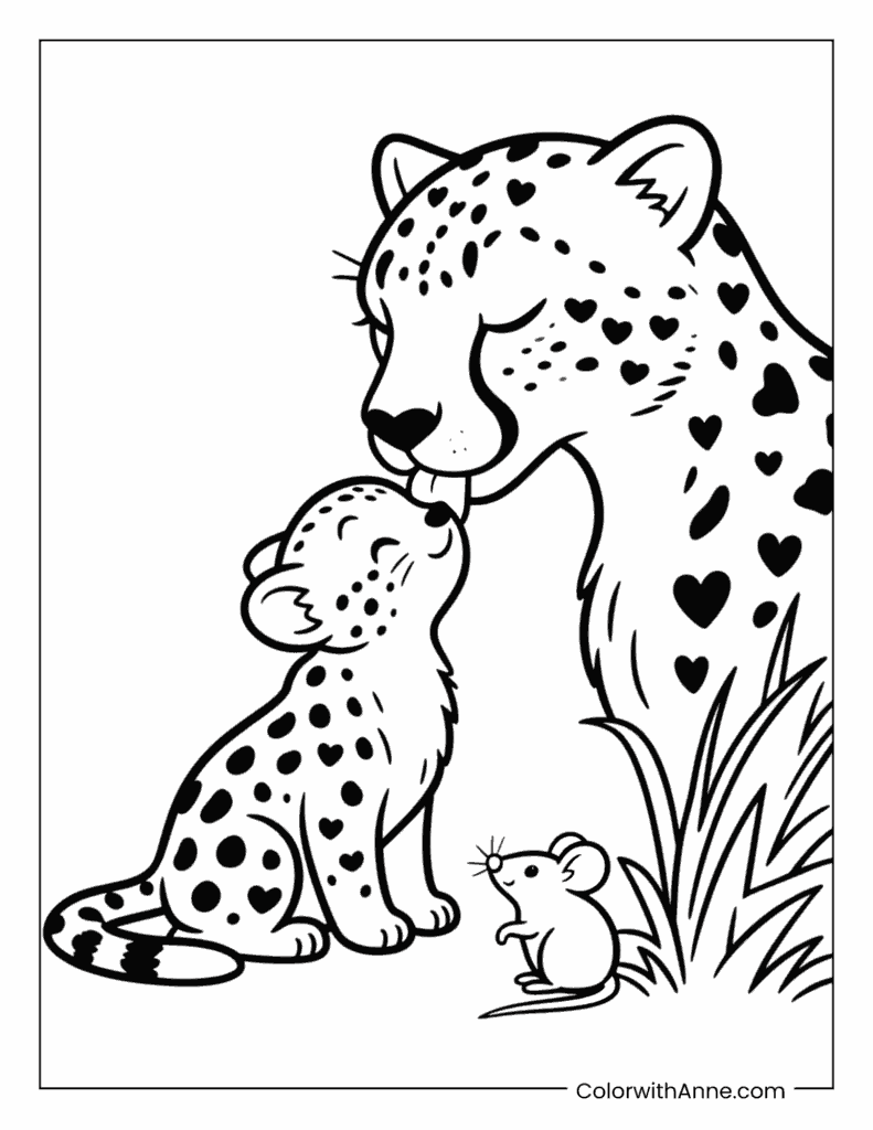 Mother Cheetah Licking Her Cub’s Head Coloring Page
