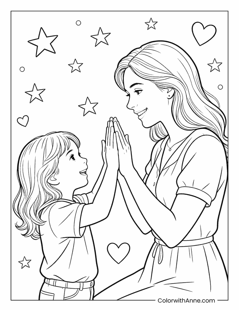 Mother-Daughter High Five Fun Coloring Page