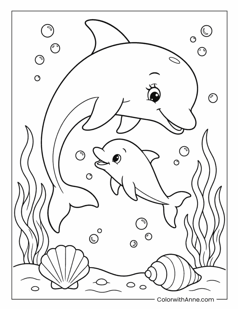 Mother Dolphin Swimming with Baby Dolphin Coloring Page