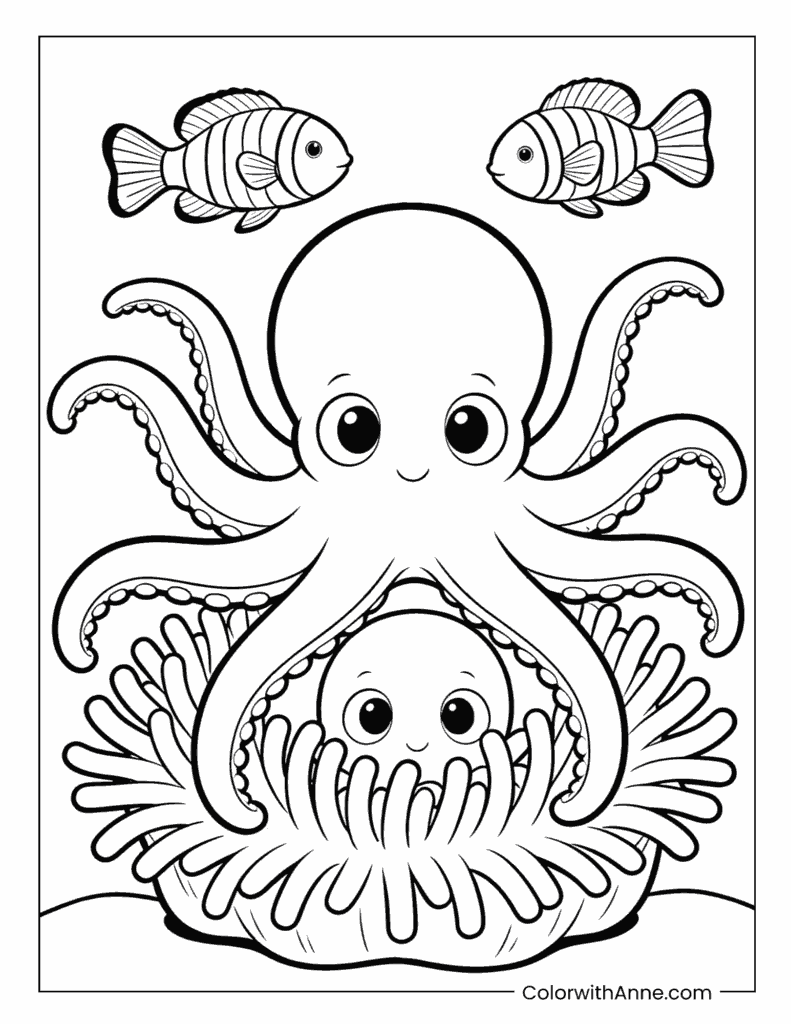 Mother Octopus Hugging Baby Octopus Coloring Page