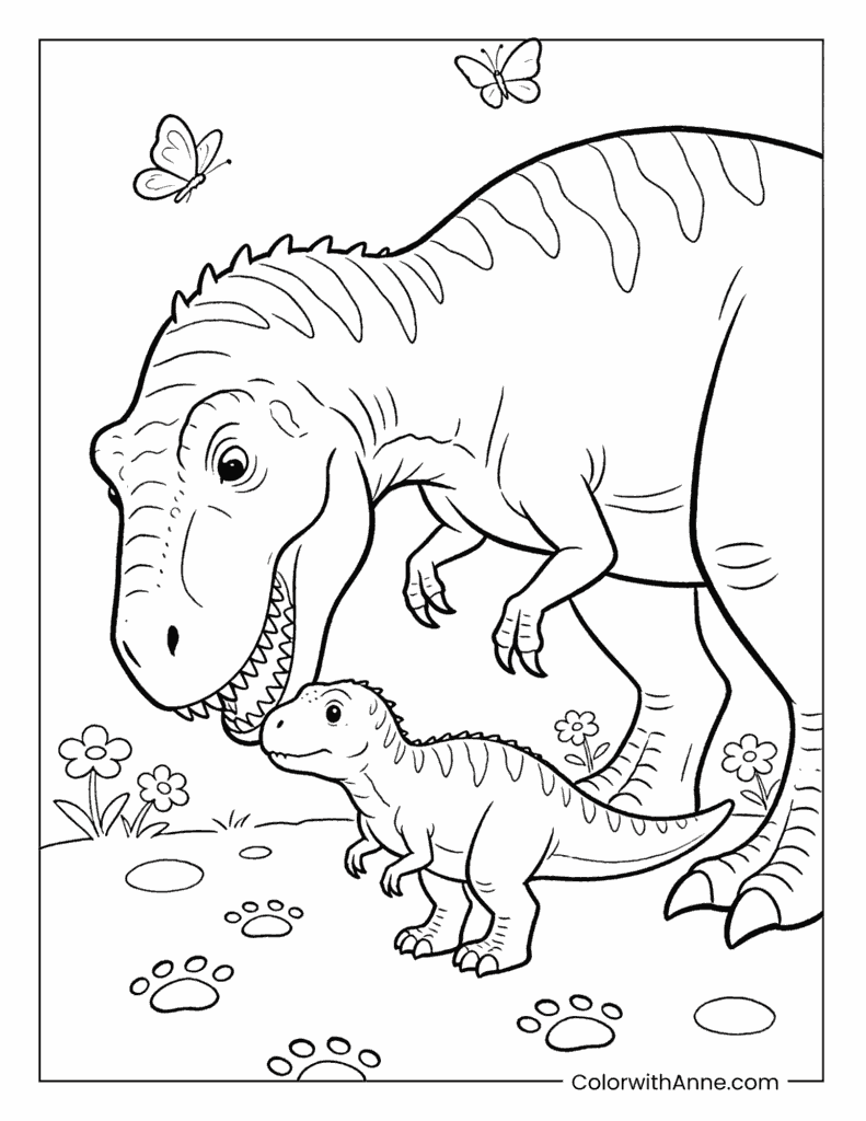 Mother and Baby T-rex with Butterflies and Flowers Coloring Page