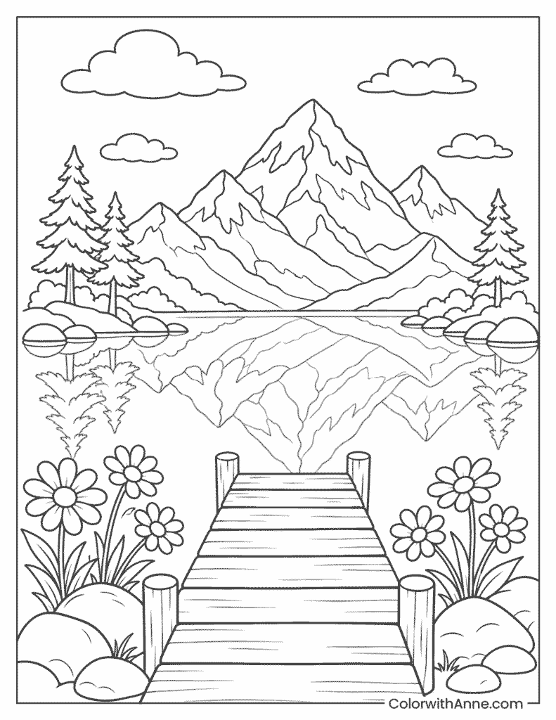 Mountain Lake Reflection Coloring Page