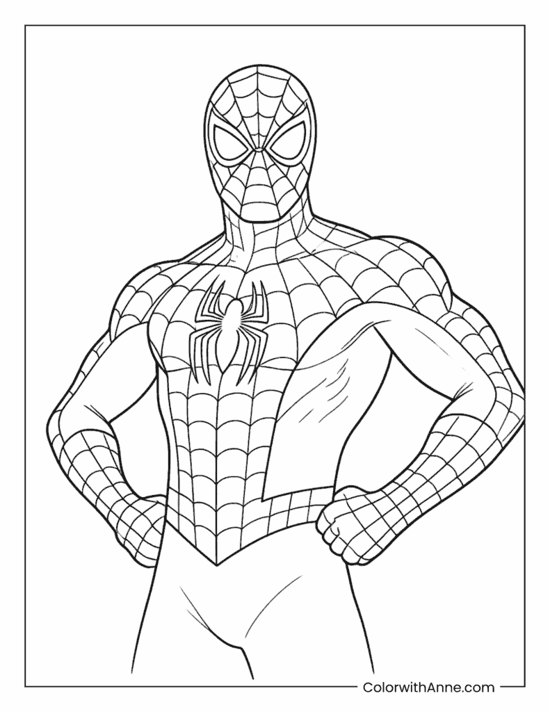 Muscular Spider Man Standing with Hands on Hips Coloring Page