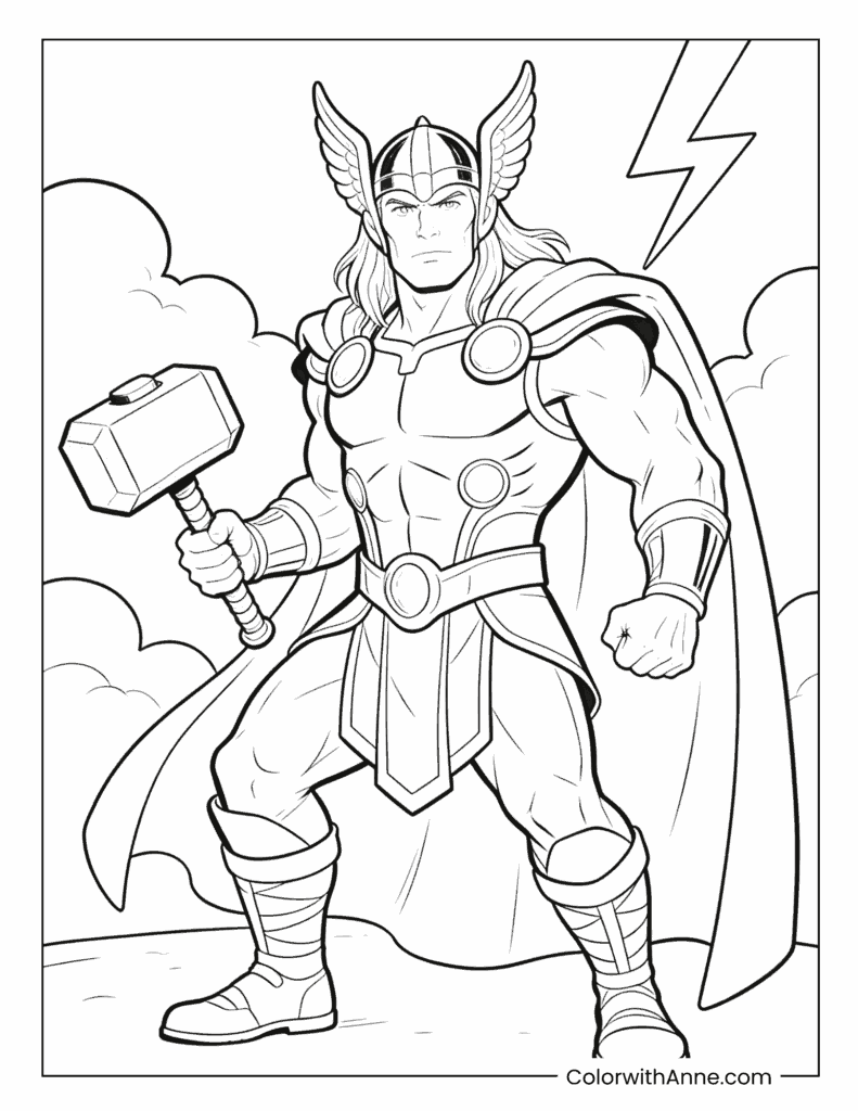 Muscular Thor with Hammer in Dynamic Pose Coloring Page