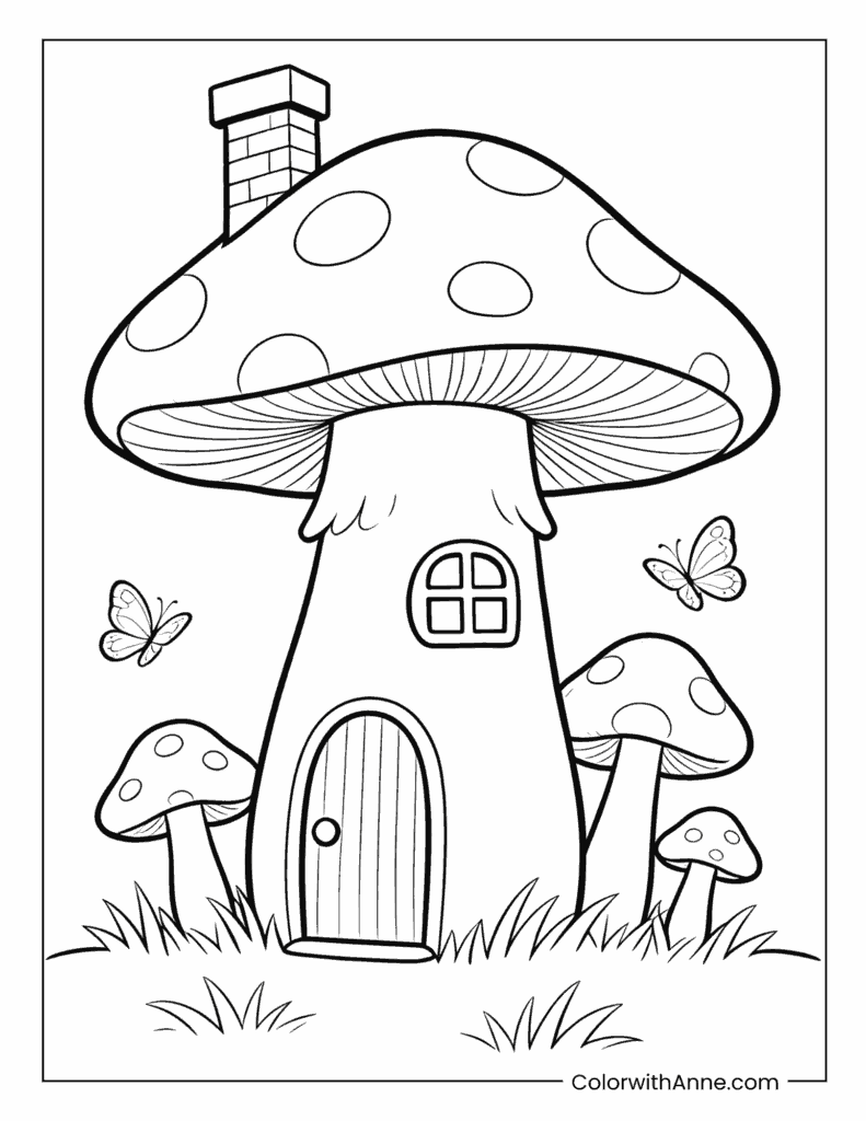 Mushroom House with Butterflies Coloring Page