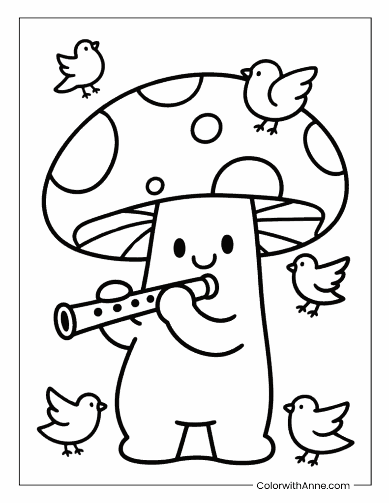 Mushroom Playing a Flute Surrounded by Birds Coloring Page