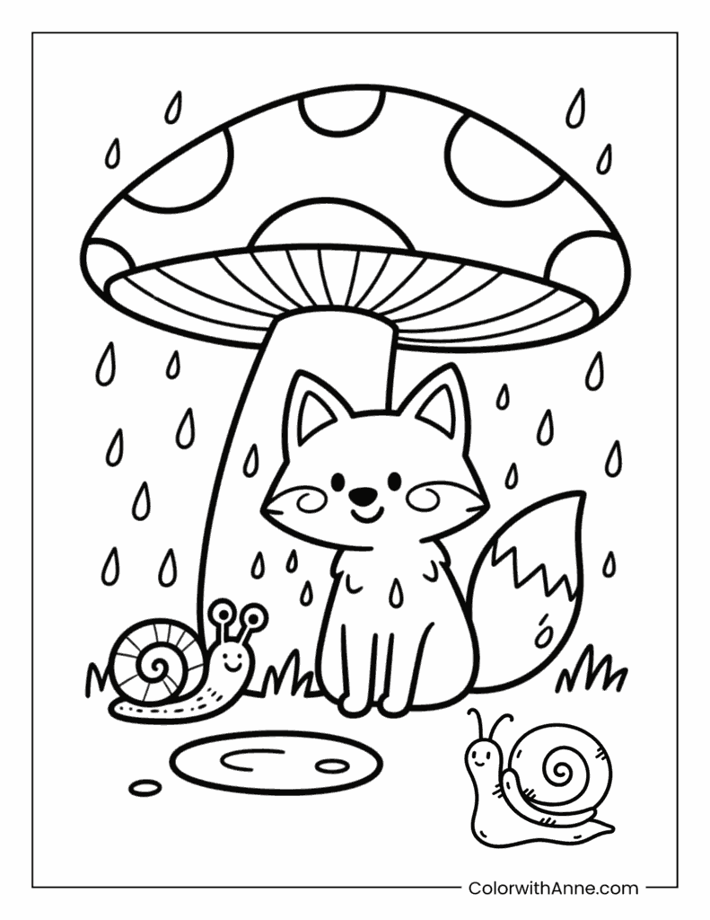 Mushroom Umbrella Fox in the Rain Coloring Page