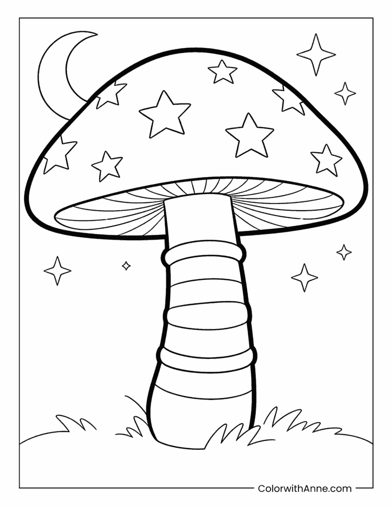 Mushroom with a Crescent Moon and Stars Coloring Page