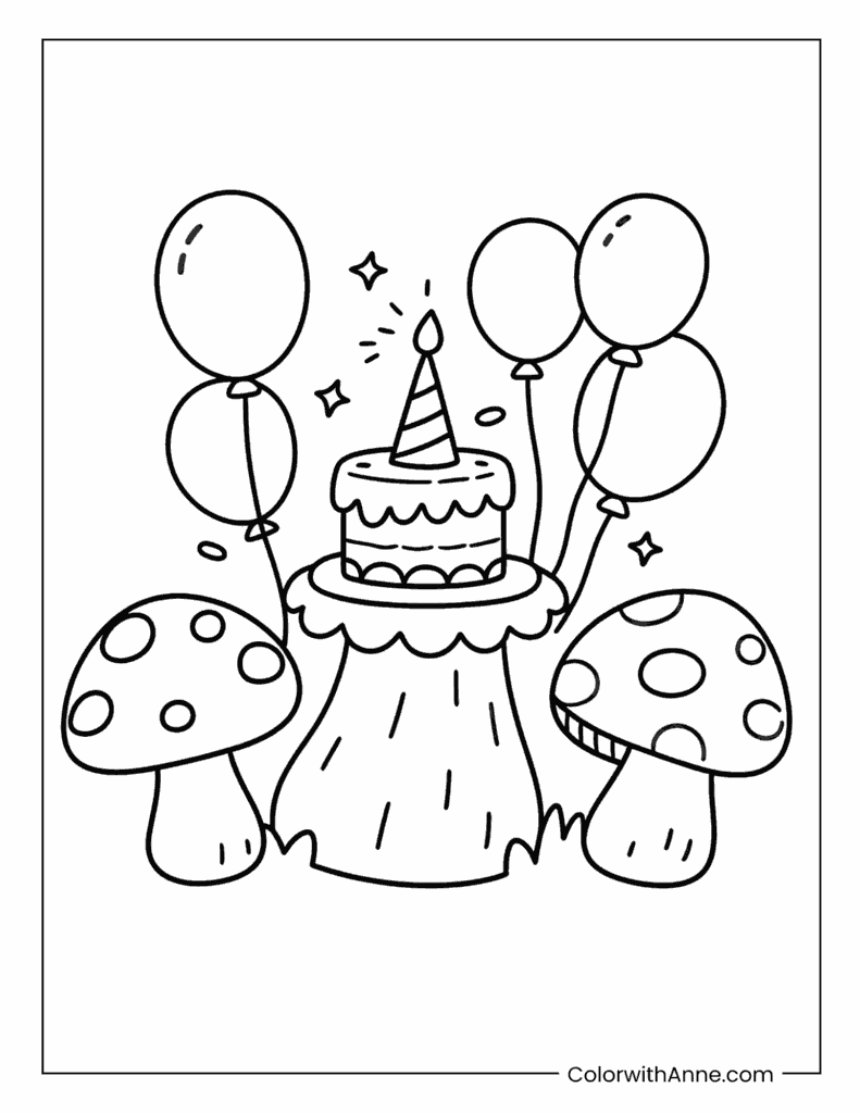 Mushrooms Birthday Party Coloring Page
