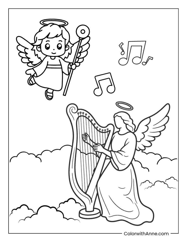 Musical Angels Playing the Harp Coloring Page