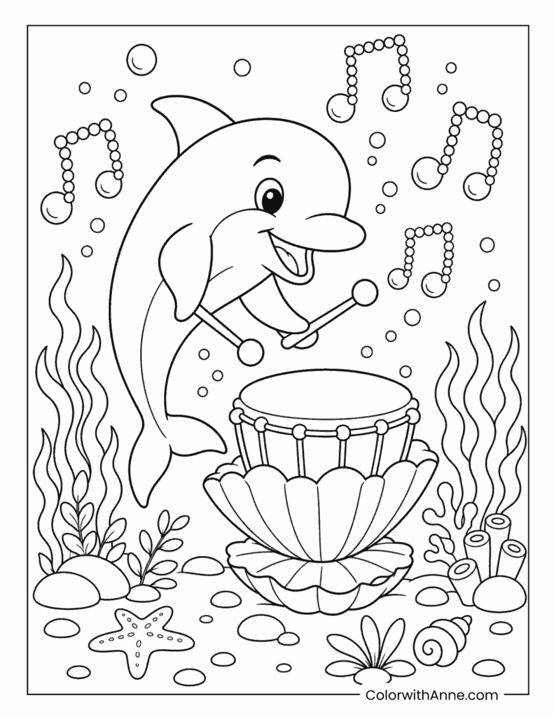 Musical Dolphin Playing an Underwater Drum Coloring Page