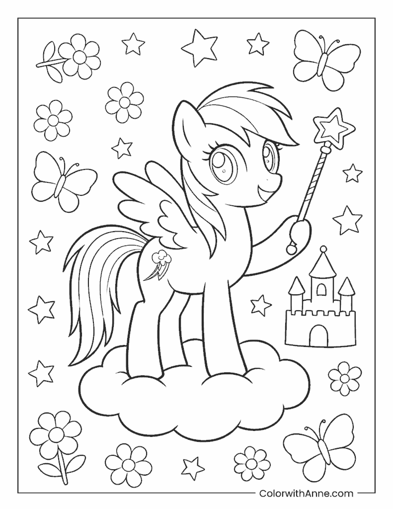 My Little Pony Rainbow Dash with Magic Wand on a Cloud Coloring Page