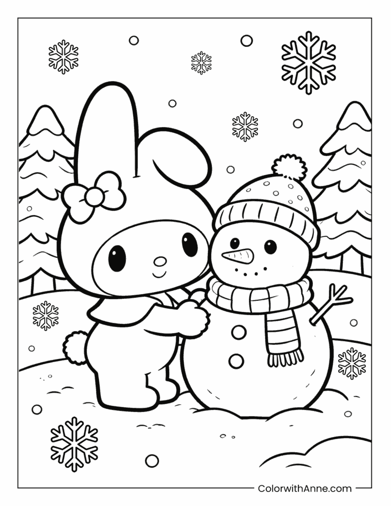 My Melody Hugging a Winter Snowman Coloring Page