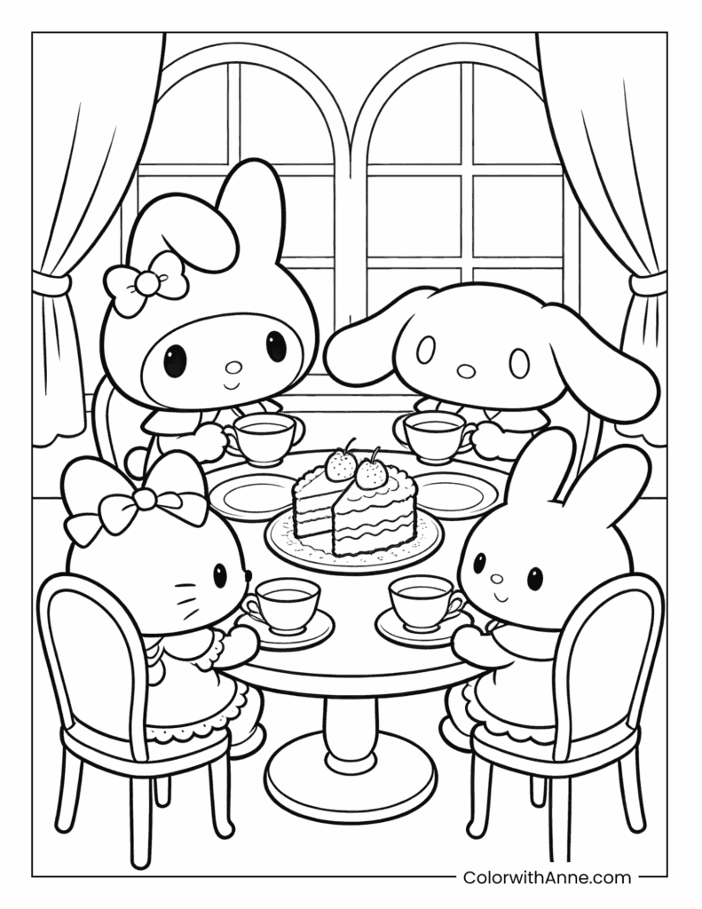 My Melody and Friends’ Tea Party Coloring Page