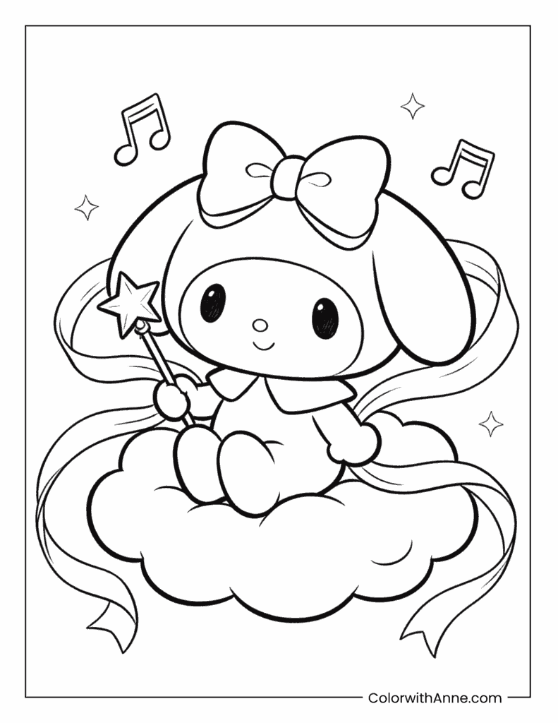 My Melody on a Cloud with a Magic Wand Coloring Page