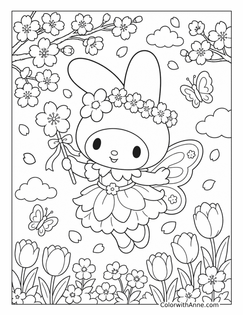 My Melody's Cherry Blossom Fairy Coloring Page