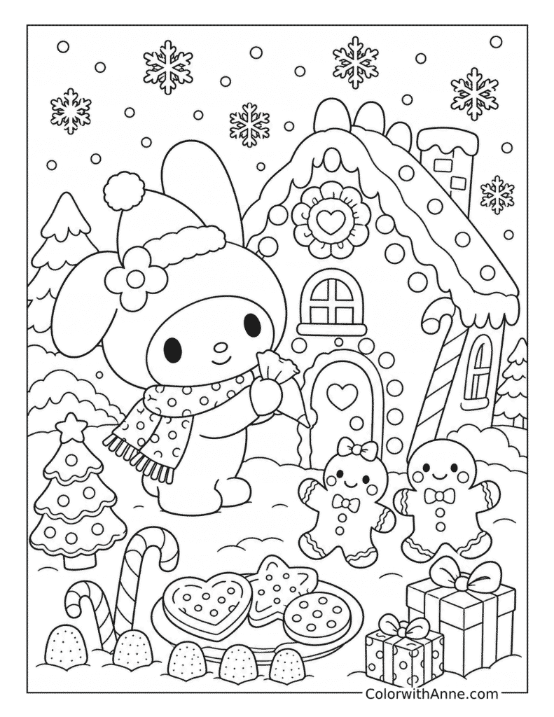 My Melody's Christmas Gingerbread House Coloring Page