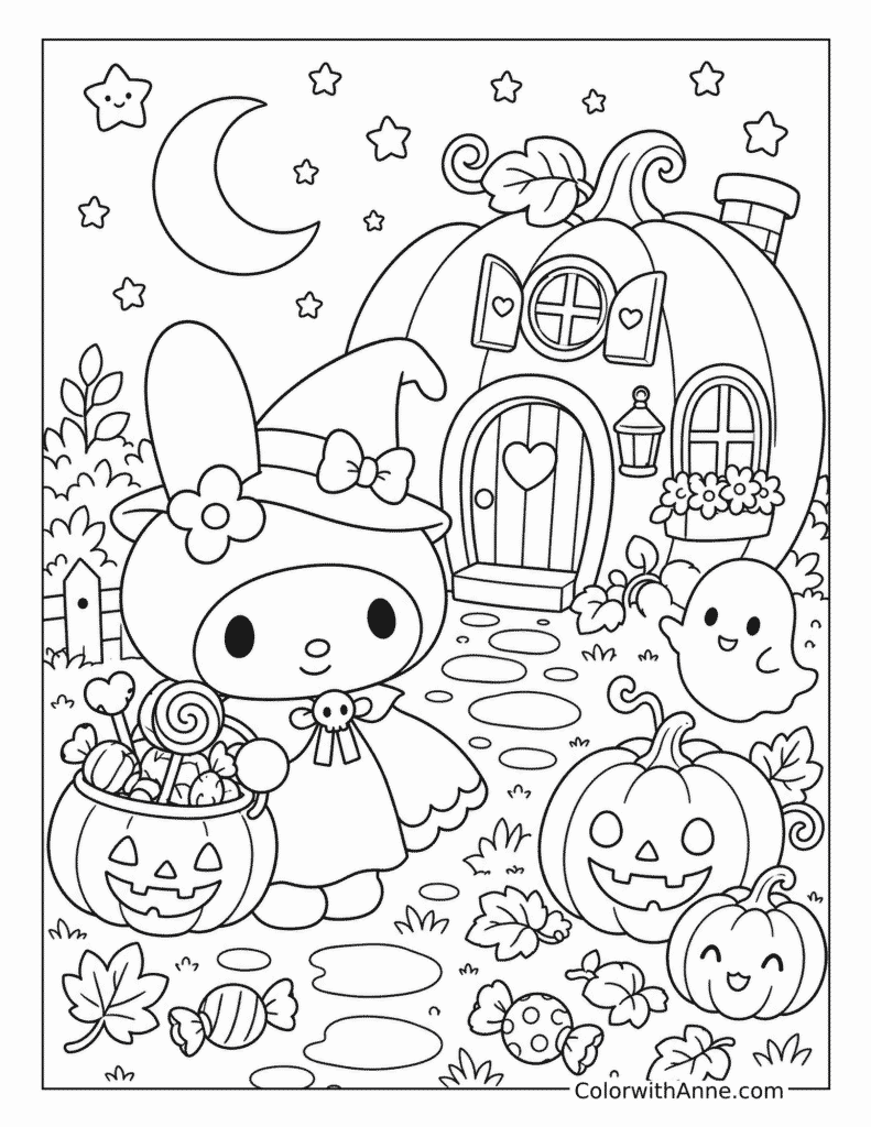 My Melody's Halloween Pumpkin Cottage Coloring Page_1