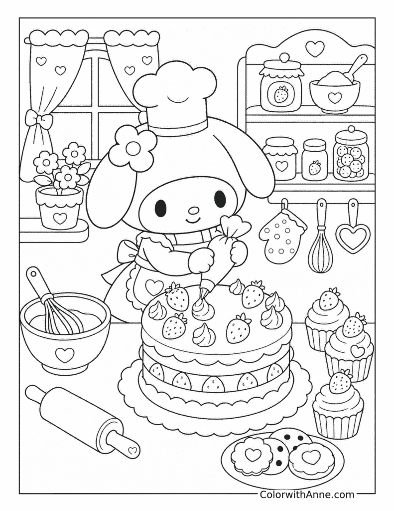 My Melody's Strawberry Cake Bakery Coloring Page