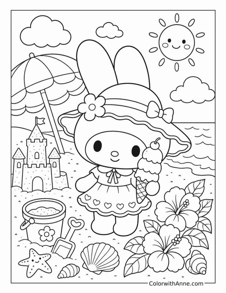 My Melody's Summer Ice Cream Beach Coloring Page