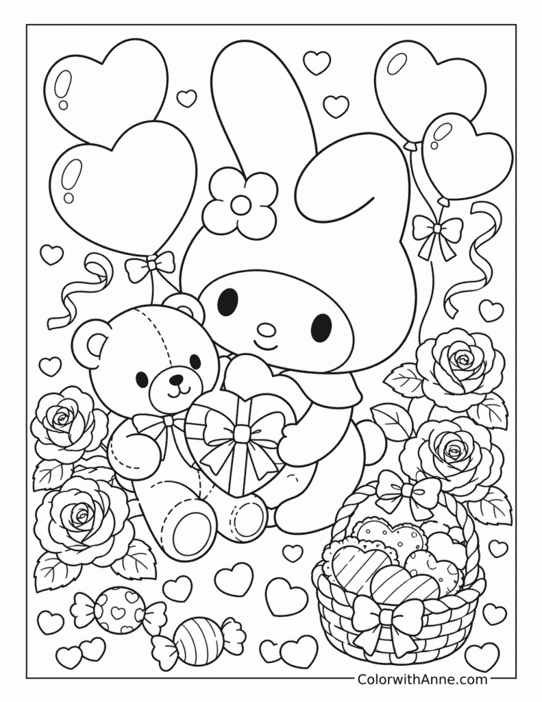 My Melody's Valentine Teddy Bear Coloring Page