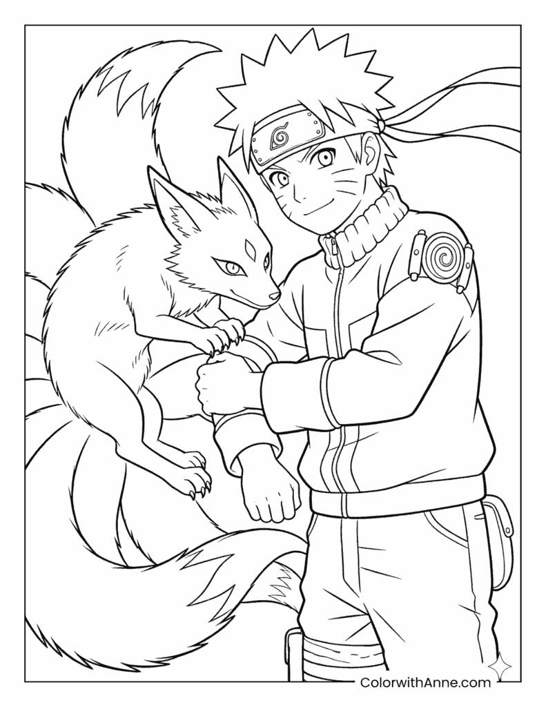 Naruto Holding Baby Nine-Tailed Fox (Kuruma) Coloring Page