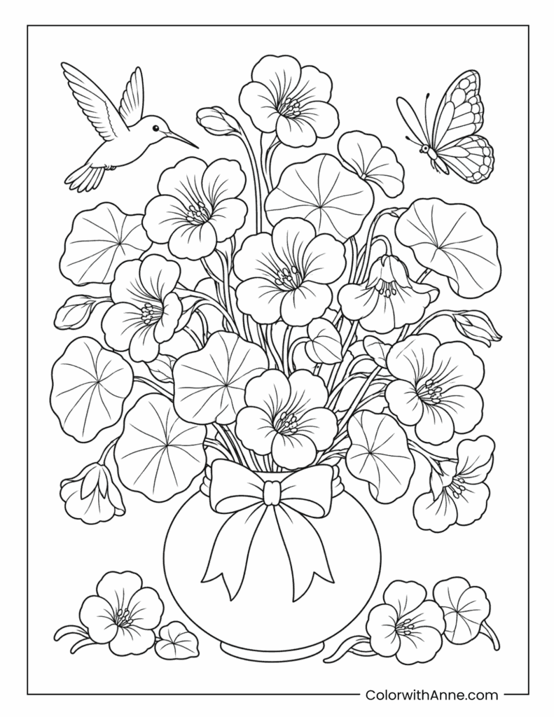 Nasturtium Flower Vase with Hummingbird and Butterfly Coloring Page