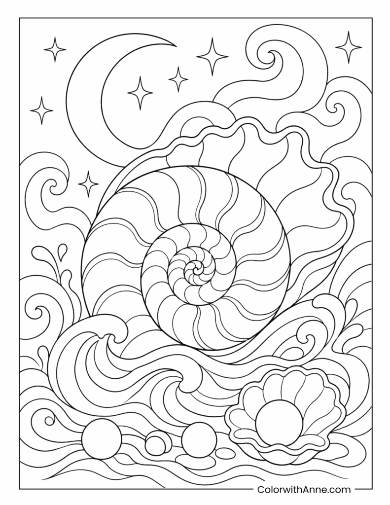 Nautilus Shell In Moonlit Waves Trippy Coloring Page