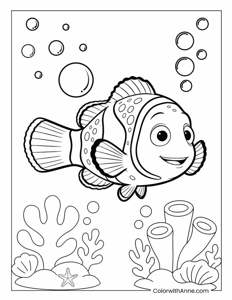 Nemo Swimming with Sea Plants Coloring Page