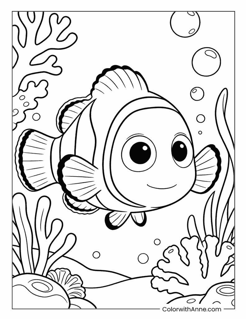 Nemo with Bubbles and Coral Coloring Page