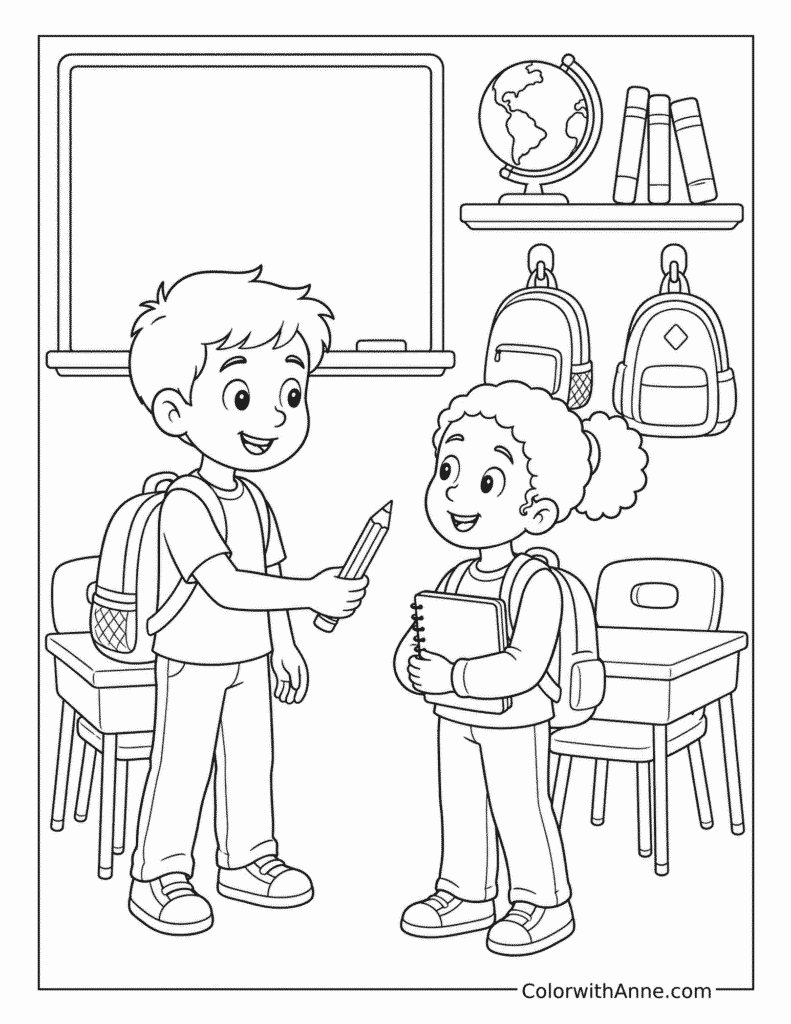 New Friends in the Classroom Coloring Page