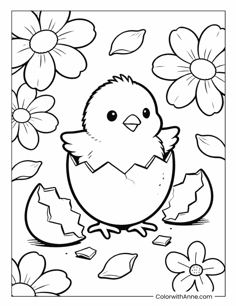 Newly Hatched Chick with Flowers Coloring Page