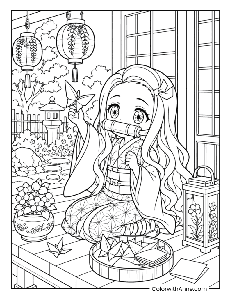 Nezuko Folding Origami Cranes on the Porch Coloring Page