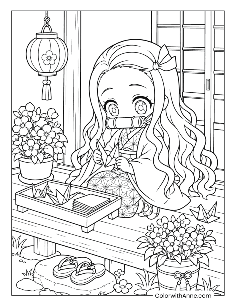 Nezuko Making Origami Cranes in a Peaceful Garden Coloring Page