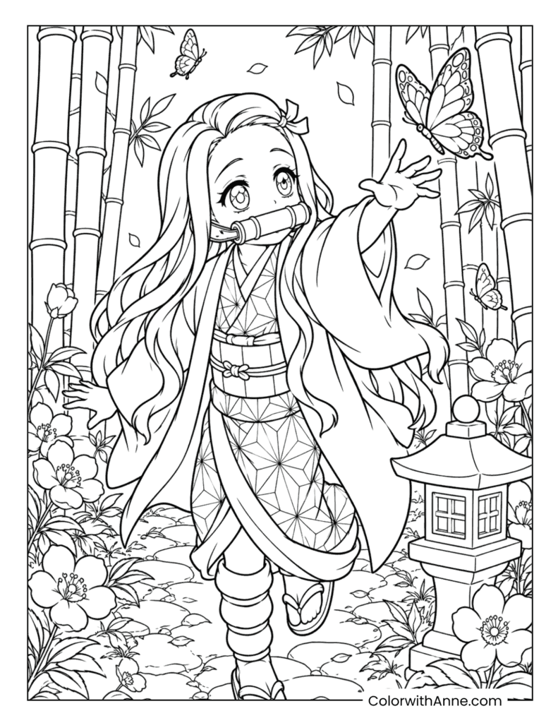 Nezuko Reaching for a Butterfly in the Bamboo Forest Coloring Page