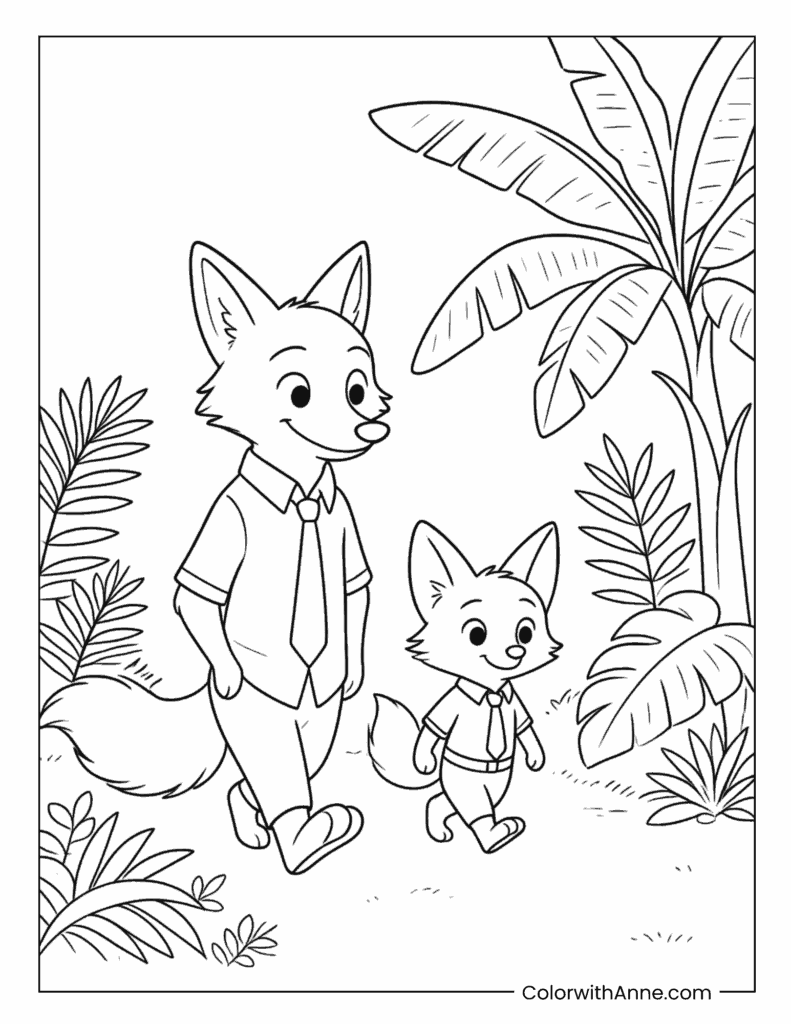 Nick Wilde and Finnick Jungle Walk Coloring Page