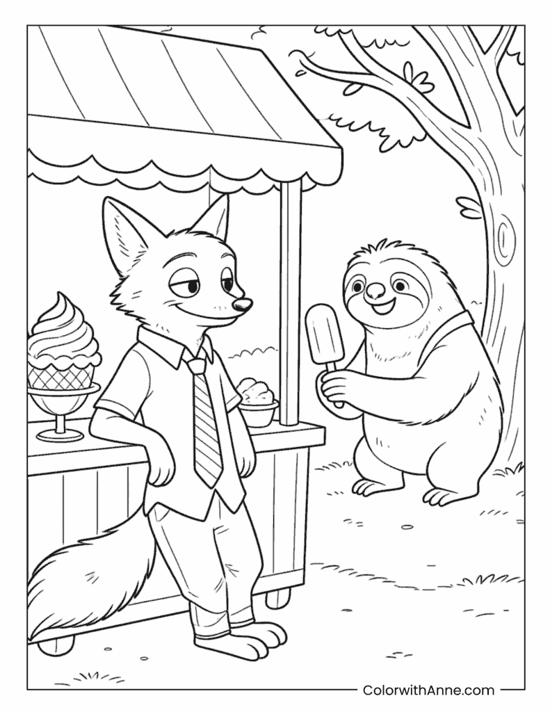 Nick Wilde and Flash Slothmore at the Ice Cream Stand Coloring Page