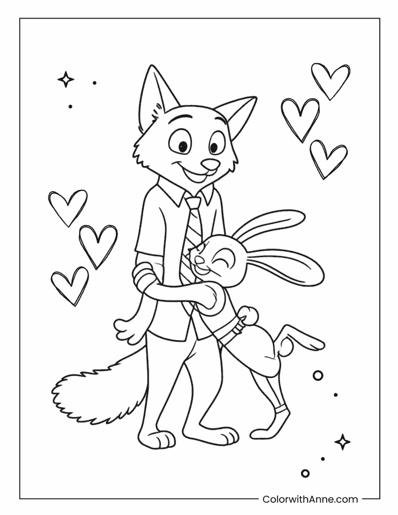 Nick Wilde and Judy Hopps Hugging Coloring Page