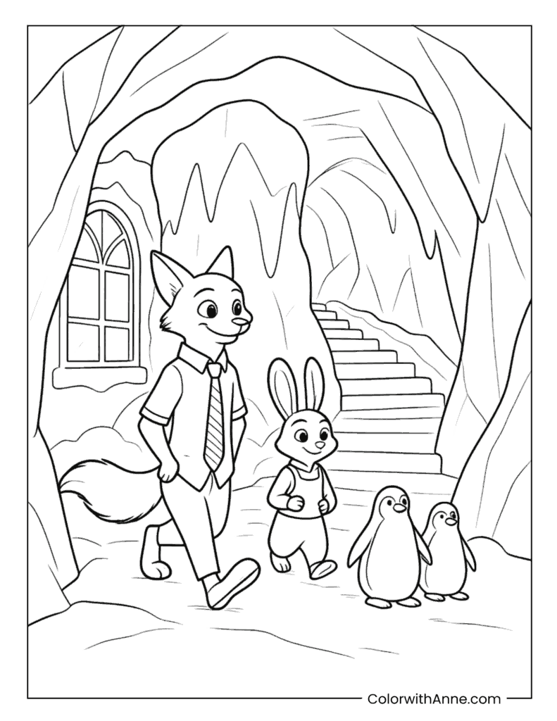 Nick Wilde and Judy Hopps Tundratown Adventure Coloring Page