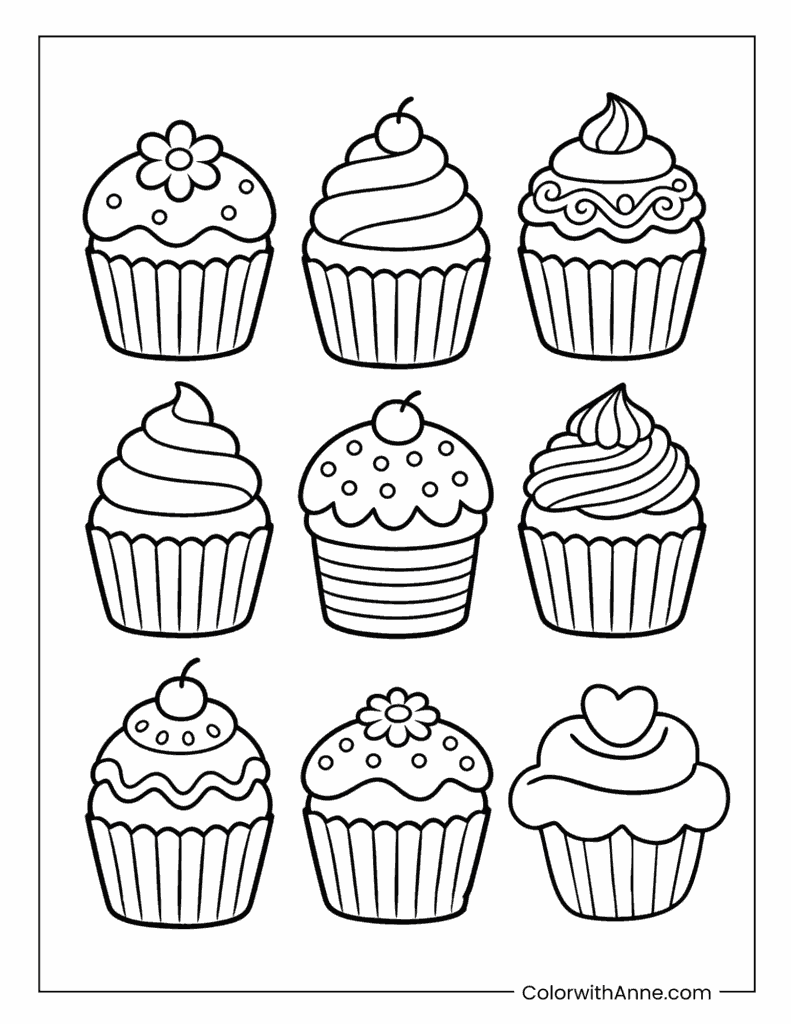 Nine Different Cupcakes Grid Coloring Page