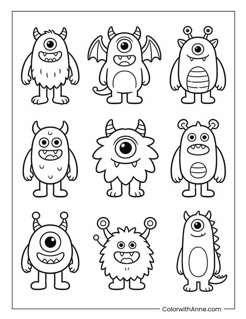 Nine Fun Monster Friends Coloring Page