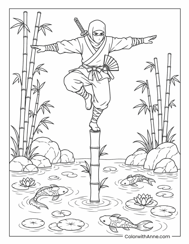 Ninja Balancing on Bamboo Over a Koi Pond Coloring Page