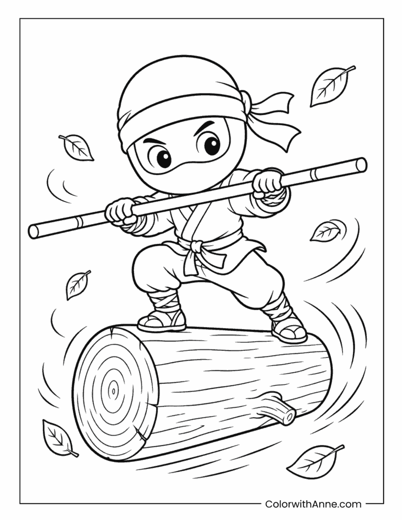 Ninja Balancing on a Rolling Log Coloring Page